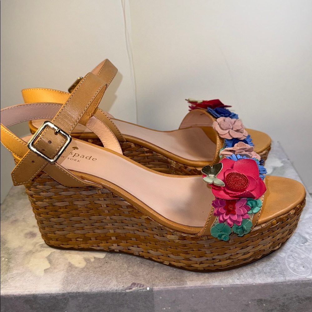 kate spade Tan Wedge Sandals with Multicolor Floral Embellishments